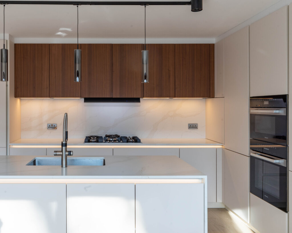 PGK Cashmere Matt & Fluted Walnut Focus Contemporary Kitchen