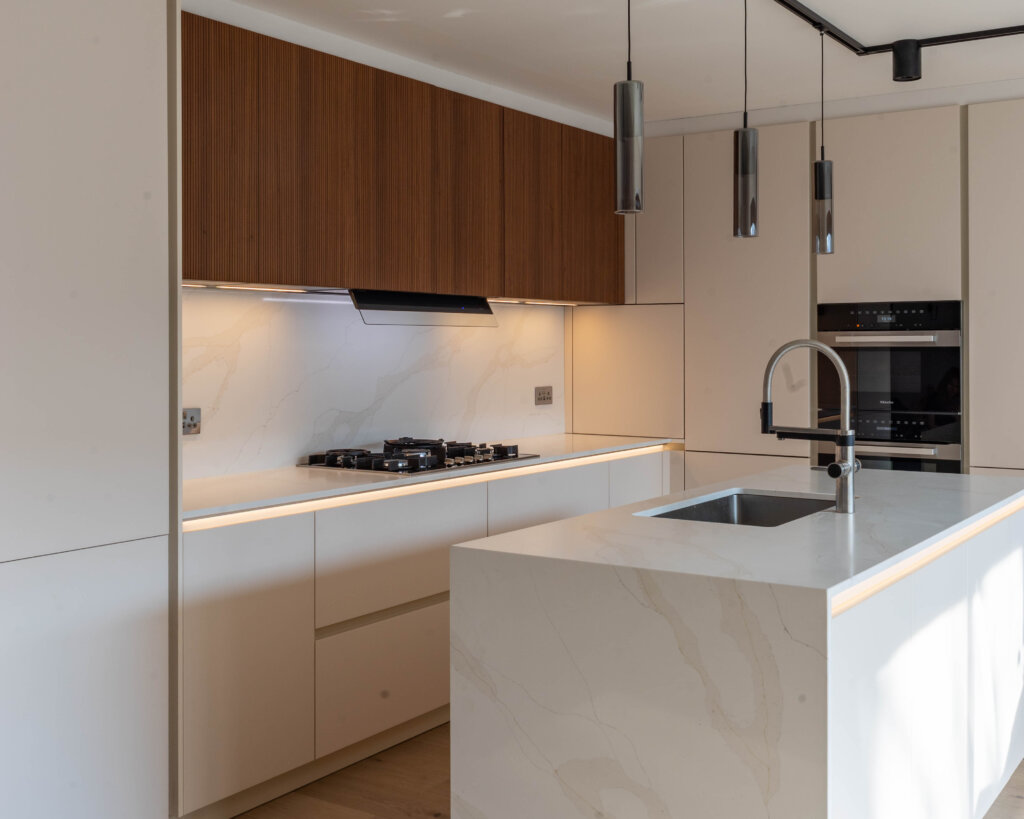 PGK Cashmere Matt & Fluted Walnut Focus Contemporary Kitchen