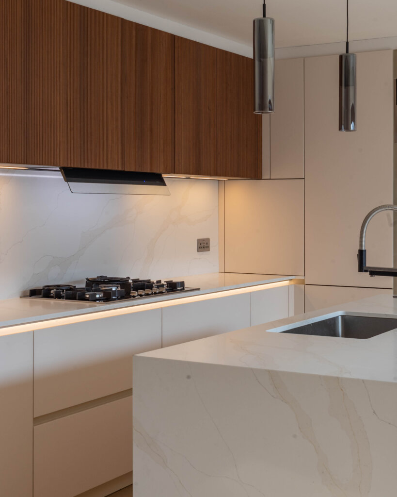 PGK Cashmere Matt & Fluted Walnut Focus Contemporary Kitchen