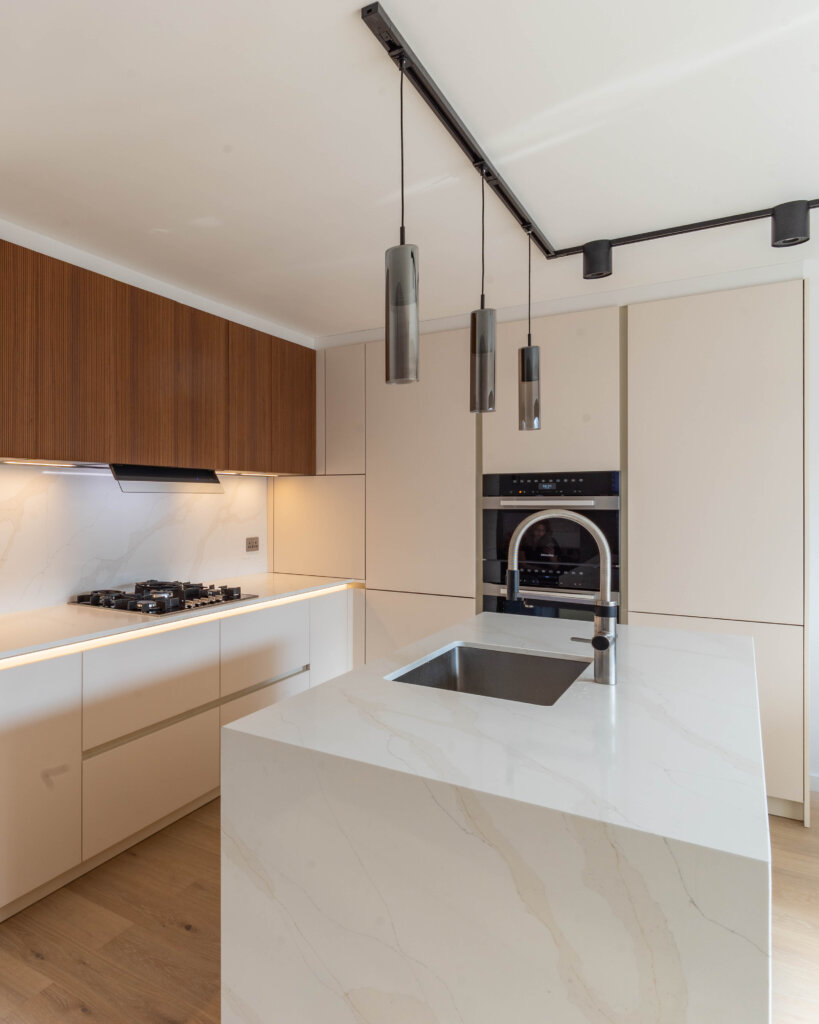 PGK Cashmere Matt & Fluted Walnut Focus Contemporary Kitchen