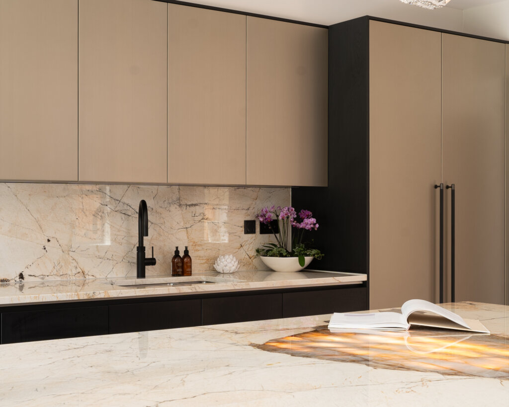 PGK Contemporary Illuminated Dark Stone Kitchen Island with Taupe Cabinets, London