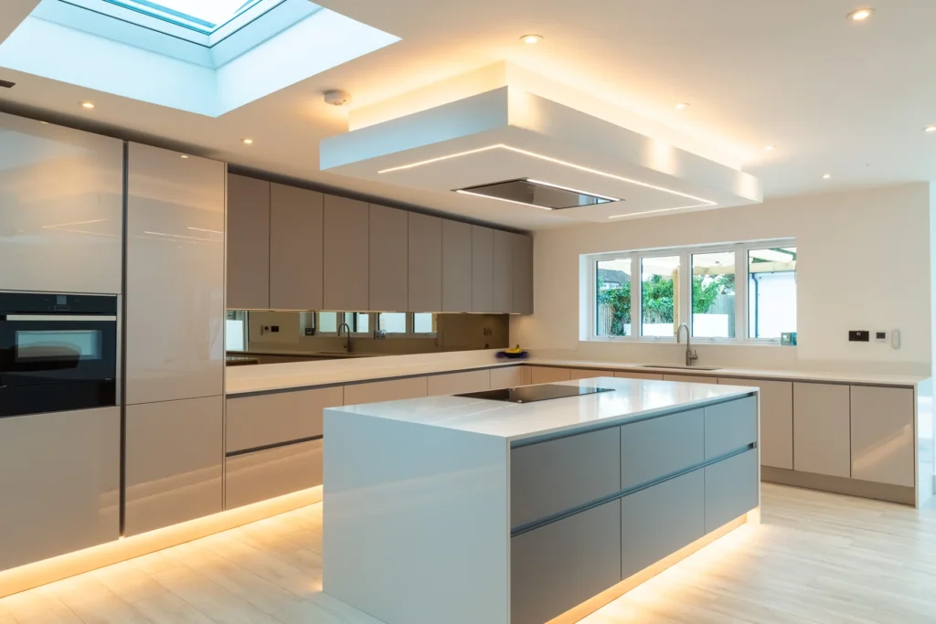 Cappuccino gloss handleless kitchen with mirrored splashback and integrated Samsung ovens