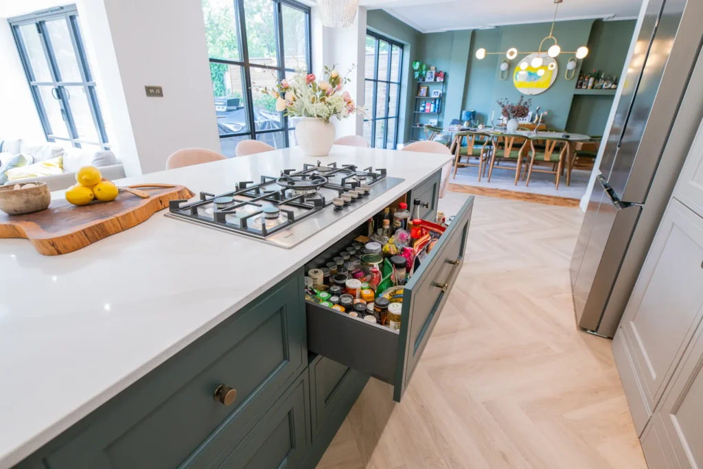 Artisan oak veneer kitchen with concealed walk-in larder and coffee station